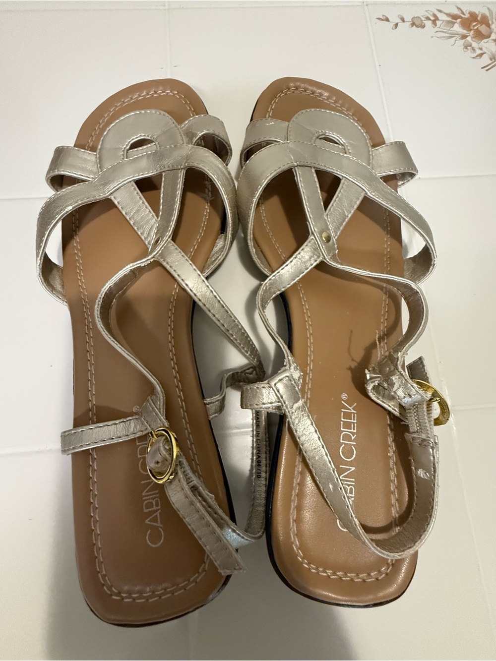 Cabin Creek Metallic Silver Crosstie Ankle-Strap Sandals